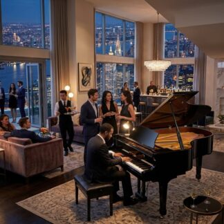Elegant party with pianist and city view.