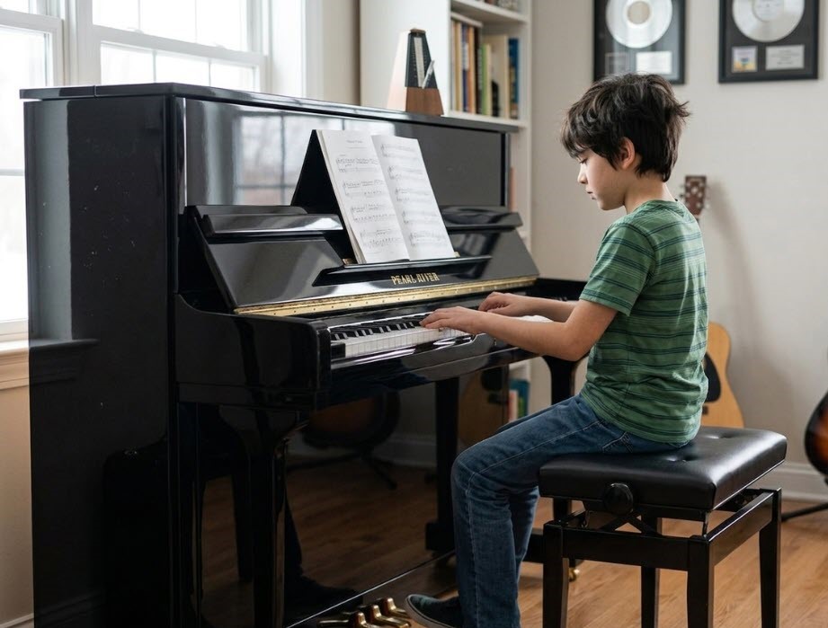 Boy practicing piano in home music room.