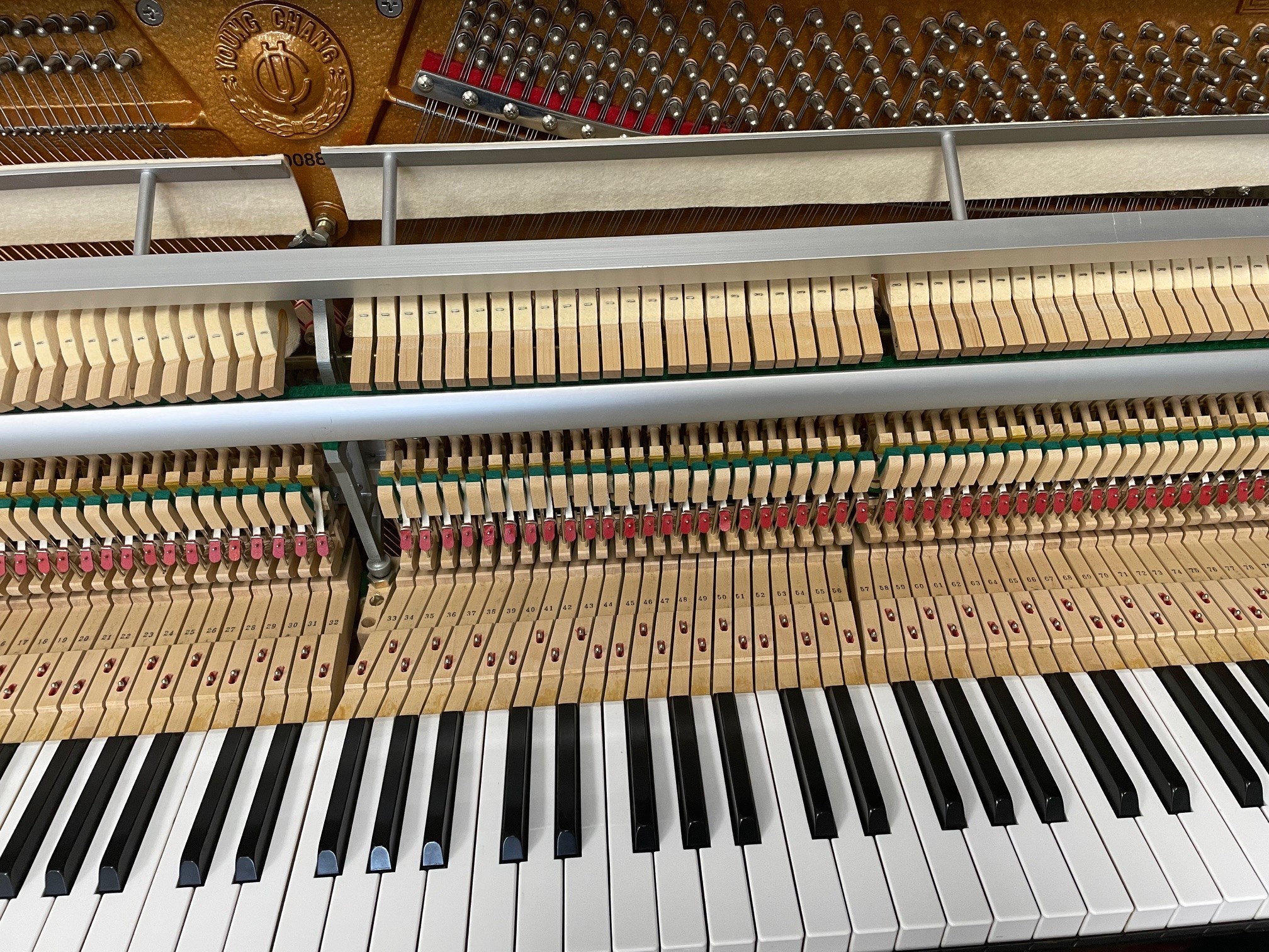 Upright piano strings and hammers close-up view