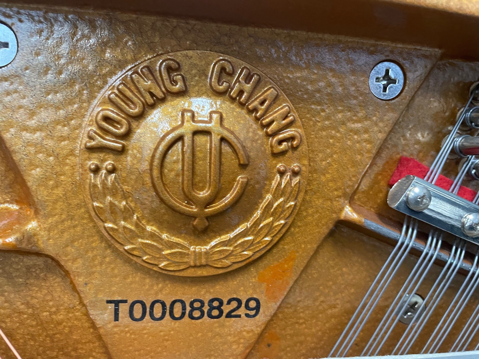 Young Chang piano interior detail, serial number T0008829.