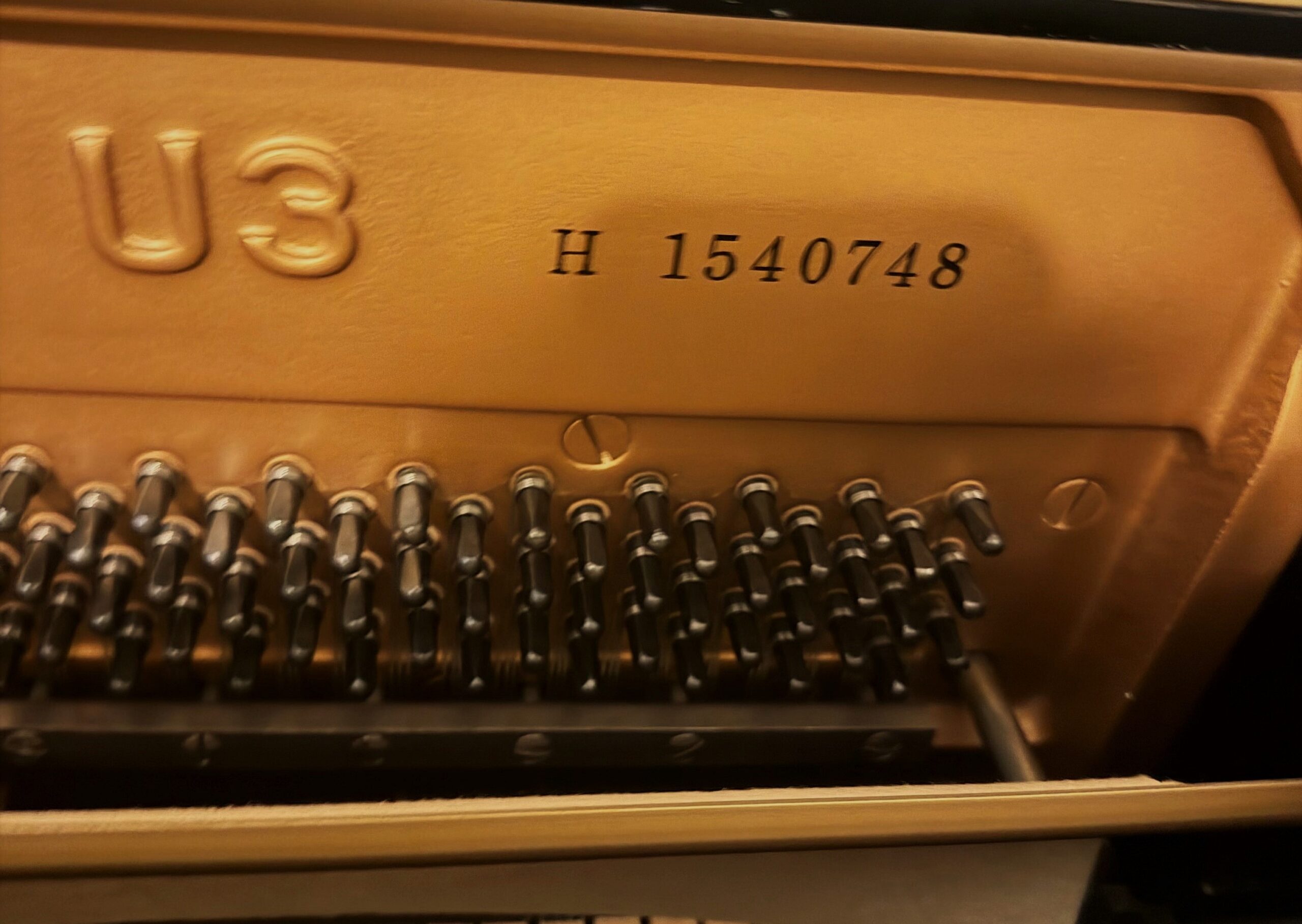 Yamaha U3 Piano serial number and tuning pins close-up.