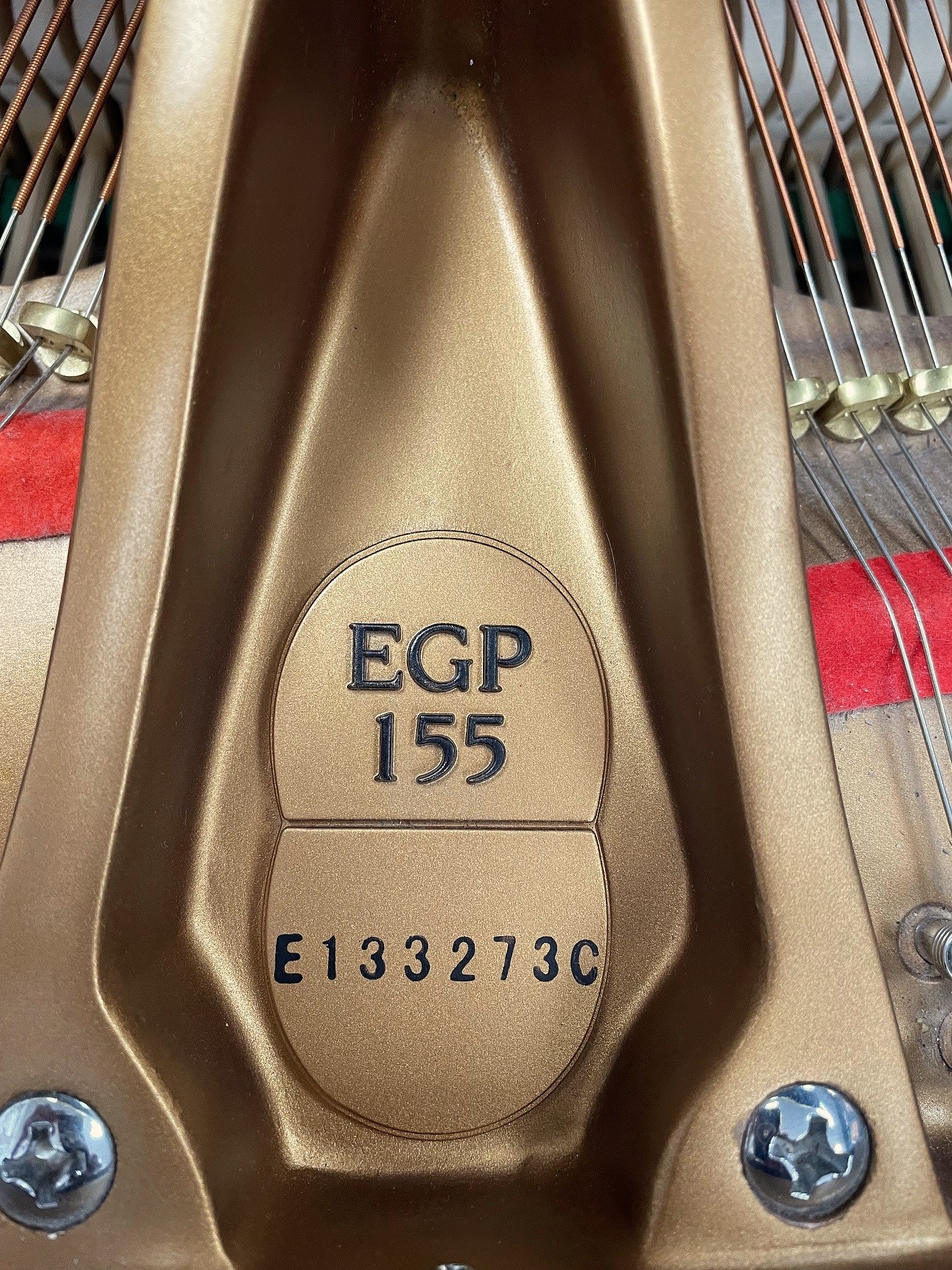 Close-up of Essex piano plate with model EGP 155.
